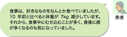 患者：食事は、好きなものをなんとか食べていましたが、10年前と比べると体重が7kg減少しています。それから、食事中にむせ込むことが多く、食後に痰が多くなるのも気になっていました。