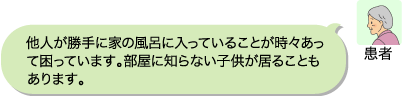 患者：他人が勝手に家の風呂に入っていること時々あって困っています。部屋に知らない子供が居ることもあります。